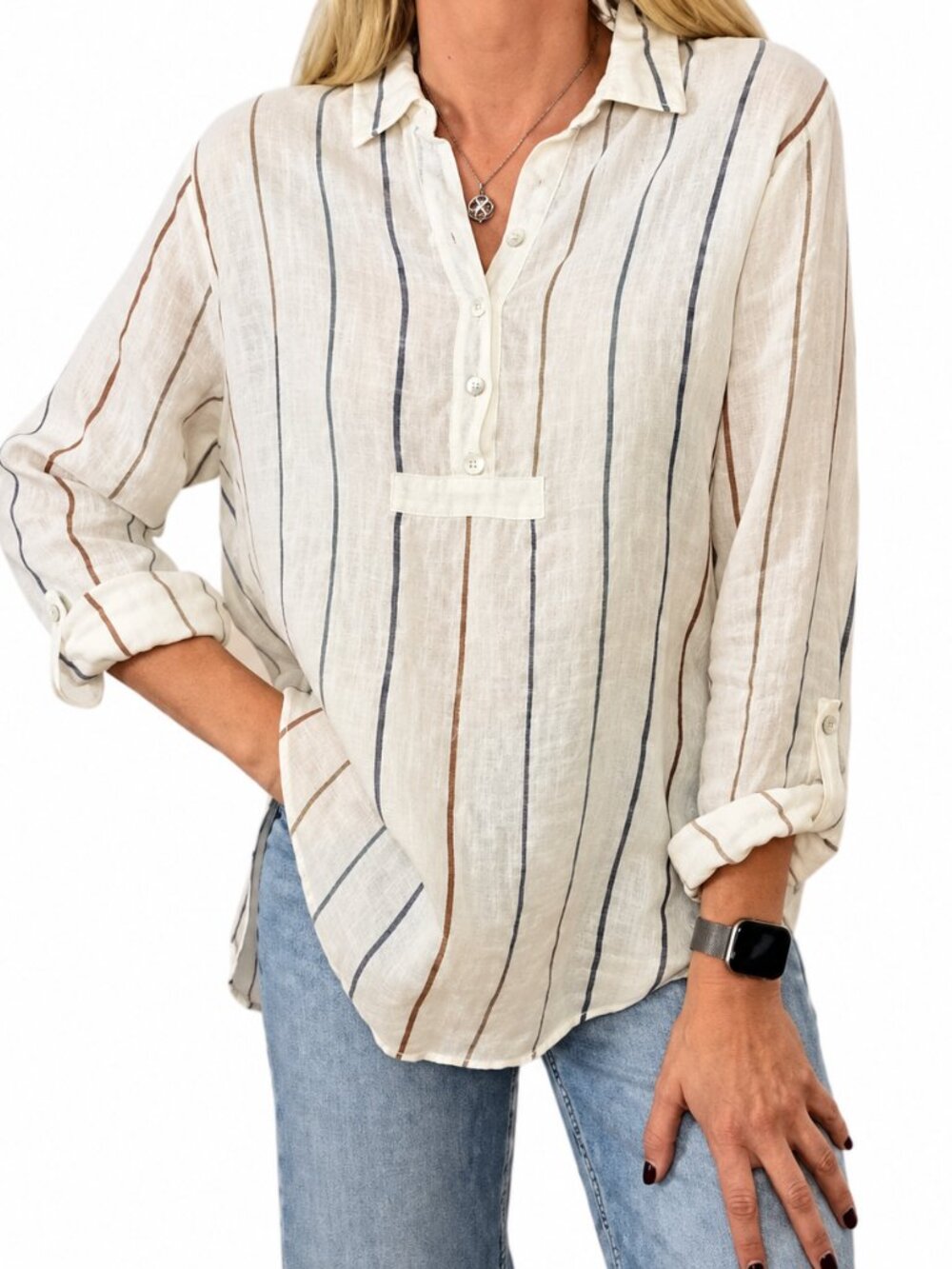 Artisan NY 100% Linen Striped Popover Shirt White Blue Rust Medium